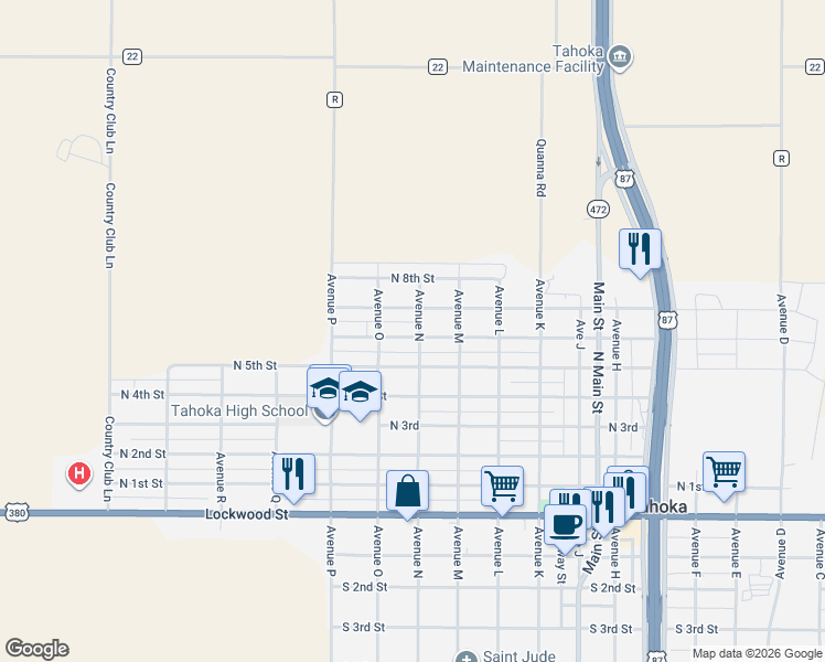 map of restaurants, bars, coffee shops, grocery stores, and more near 2000 North 6th Street in Tahoka