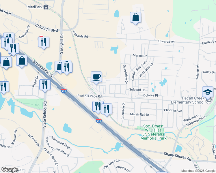 map of restaurants, bars, coffee shops, grocery stores, and more near 3808 Windy Point Drive in Denton
