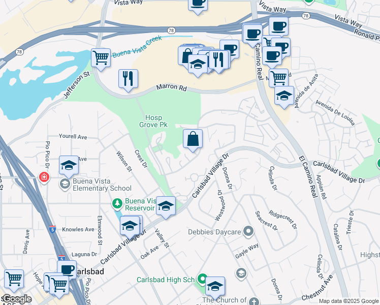 map of restaurants, bars, coffee shops, grocery stores, and more near 2821 Forest View Way in Carlsbad