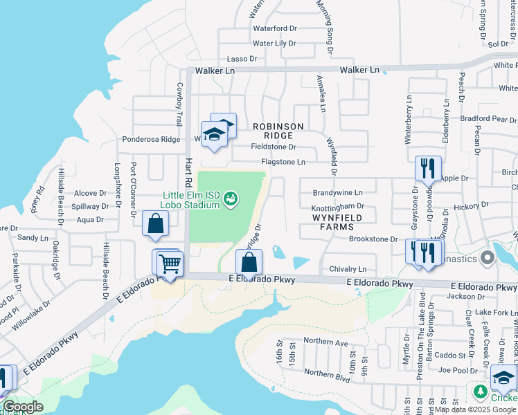 map of restaurants, bars, coffee shops, grocery stores, and more near 347A Castleridge Drive in Little Elm