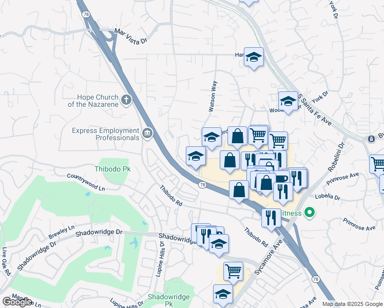 map of restaurants, bars, coffee shops, grocery stores, and more near 2144 University Drive in Vista