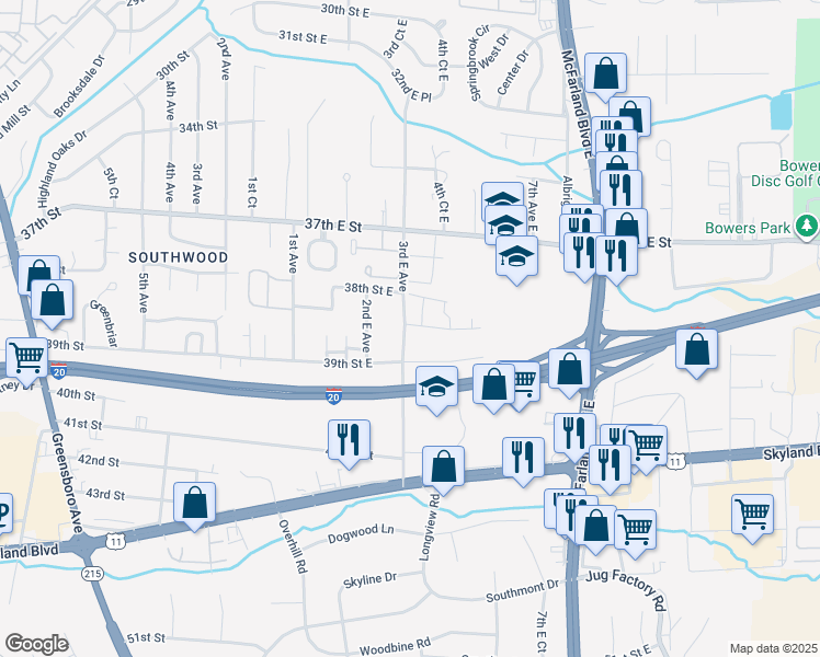 map of restaurants, bars, coffee shops, grocery stores, and more near 3831 3rd East Avenue in Tuscaloosa