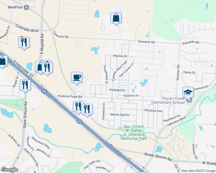 map of restaurants, bars, coffee shops, grocery stores, and more near 3805 Oceanview Drive in Denton