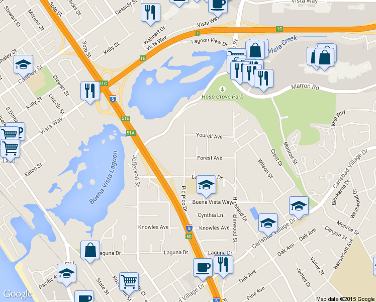 map of restaurants, bars, coffee shops, grocery stores, and more near 2381 Cipriano Lane in Carlsbad