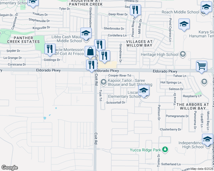map of restaurants, bars, coffee shops, grocery stores, and more near 12832 Leopold Trail in Frisco