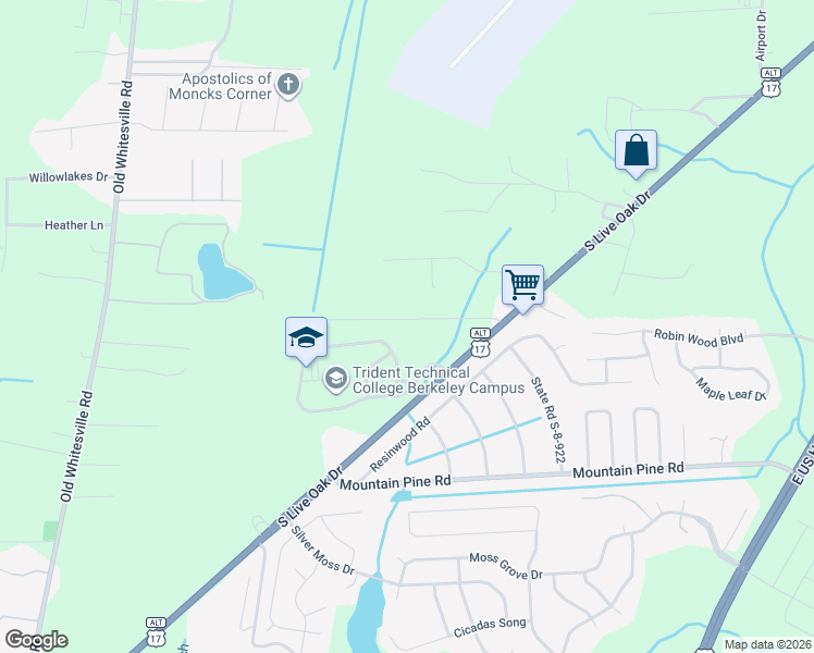 map of restaurants, bars, coffee shops, grocery stores, and more near 450 Sun Valley Lane in Moncks Corner