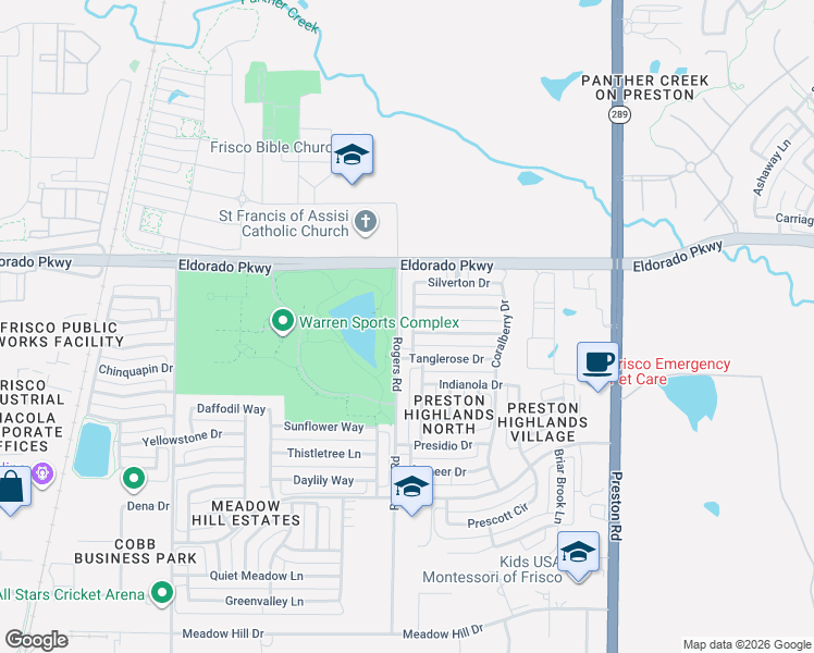 map of restaurants, bars, coffee shops, grocery stores, and more near 11315 Prestige Drive in Frisco