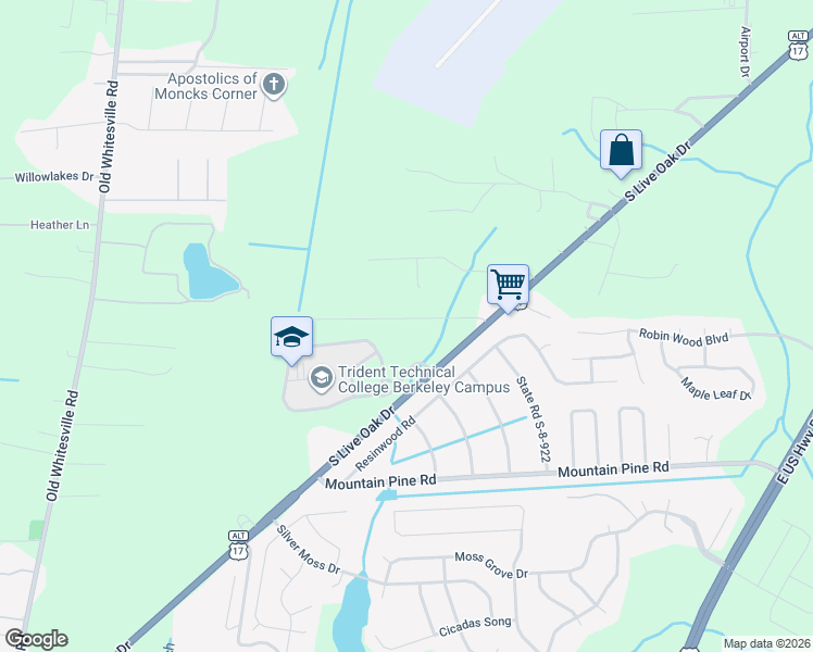map of restaurants, bars, coffee shops, grocery stores, and more near 450 Sun Valley Lane in Moncks Corner
