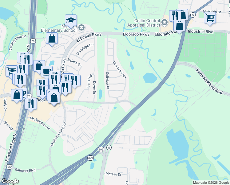 map of restaurants, bars, coffee shops, grocery stores, and more near 801 Hardwood Drive in McKinney
