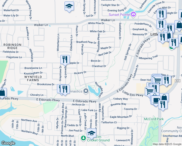 map of restaurants, bars, coffee shops, grocery stores, and more near 2224 Hickory Drive in Little Elm