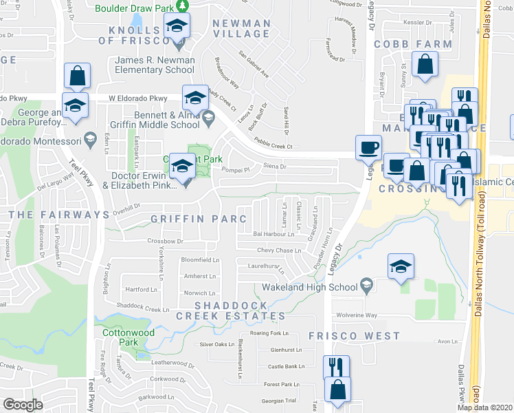 map of restaurants, bars, coffee shops, grocery stores, and more near 11320 Berkeley Hall Lane in Frisco