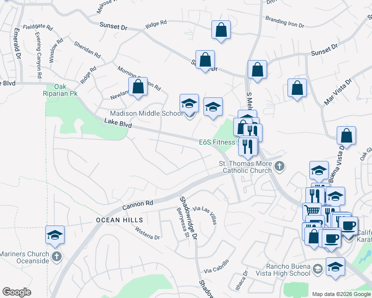 map of restaurants, bars, coffee shops, grocery stores, and more near 3602 Tulare Court in Oceanside