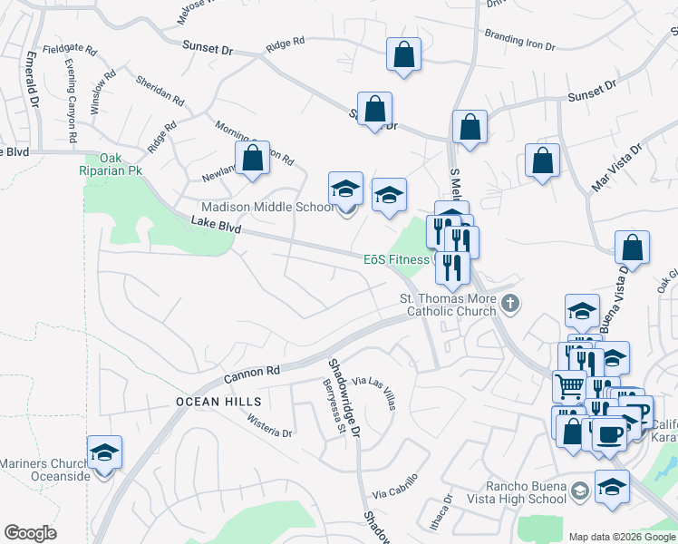 map of restaurants, bars, coffee shops, grocery stores, and more near 3602 Tulare Court in Oceanside