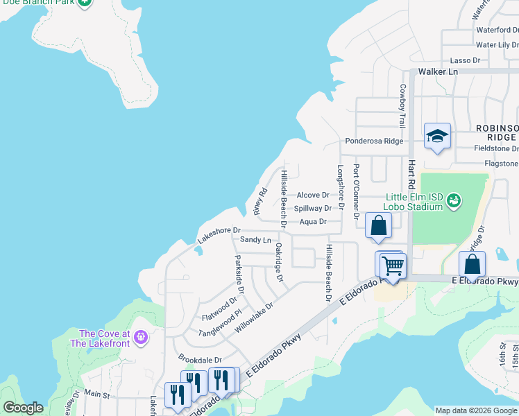 map of restaurants, bars, coffee shops, grocery stores, and more near 516 Riney Road in Little Elm