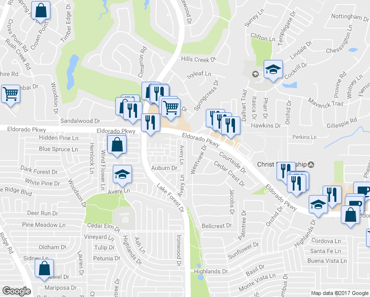 map of restaurants, bars, coffee shops, grocery stores, and more near 3017 Avery Lane in McKinney