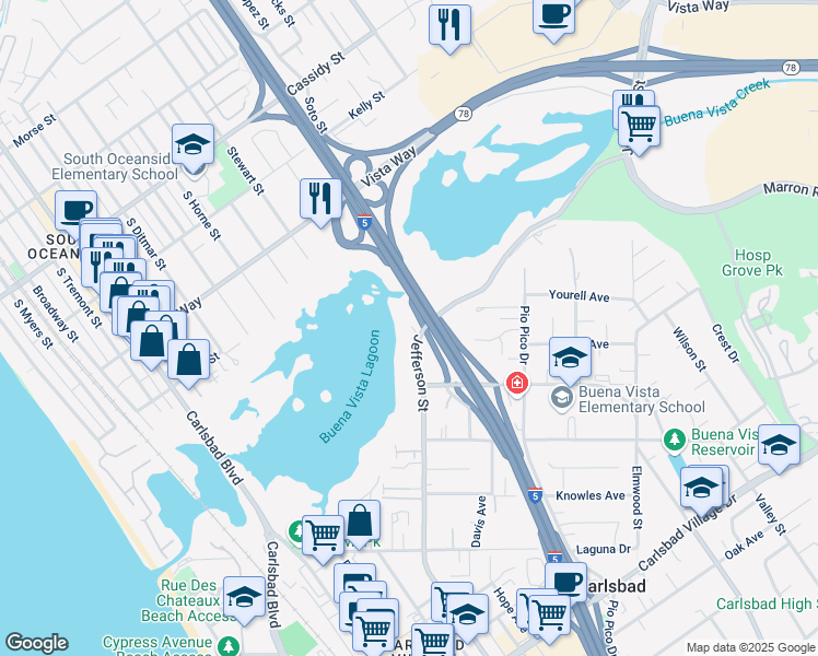 map of restaurants, bars, coffee shops, grocery stores, and more near 2361 Jefferson Street in Carlsbad