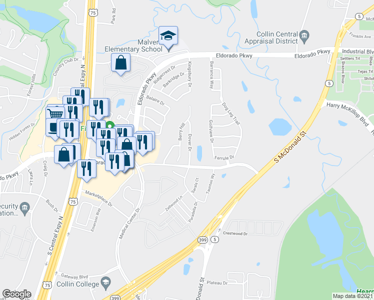 map of restaurants, bars, coffee shops, grocery stores, and more near 2908 Dover Dr in McKinney
