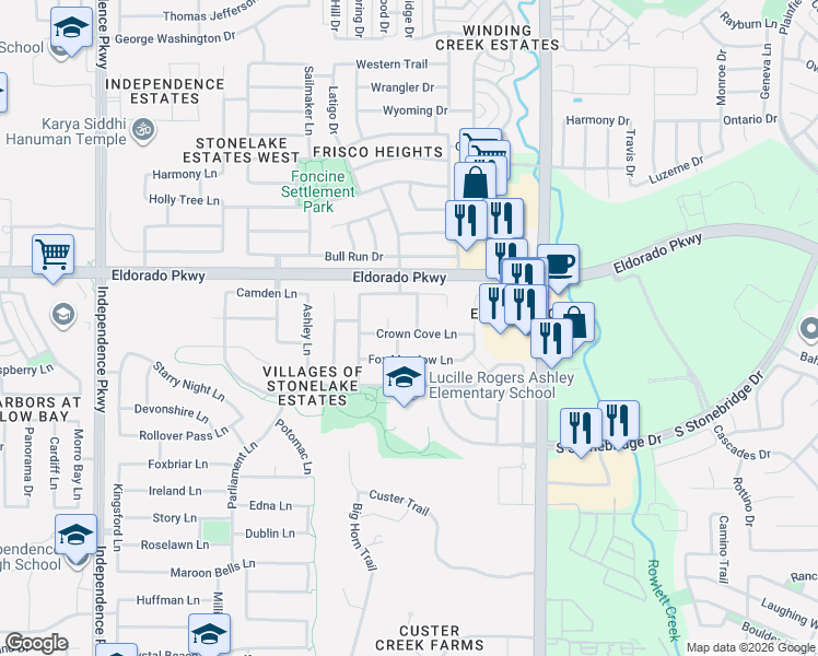 map of restaurants, bars, coffee shops, grocery stores, and more near 11503 Castle Brook Lane in Frisco
