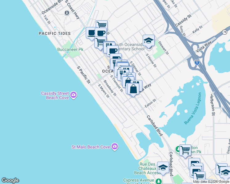 map of restaurants, bars, coffee shops, grocery stores, and more near 1908 Broadway Street in Oceanside