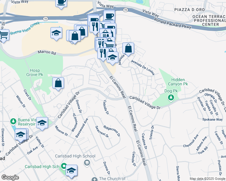 map of restaurants, bars, coffee shops, grocery stores, and more near 2300 Rising Glen Way in Carlsbad