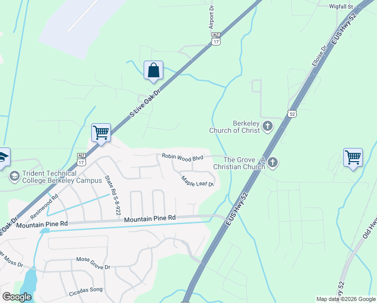 map of restaurants, bars, coffee shops, grocery stores, and more near 305 Wilderland Court in Moncks Corner
