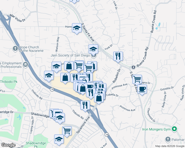 map of restaurants, bars, coffee shops, grocery stores, and more near 1740 University Drive in Vista