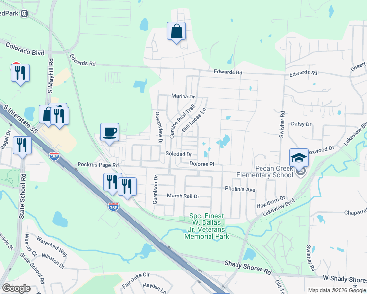 map of restaurants, bars, coffee shops, grocery stores, and more near 5400 Galante Lane in Denton