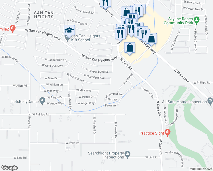 map of restaurants, bars, coffee shops, grocery stores, and more near 2051 West Kristina Avenue in Queen Creek