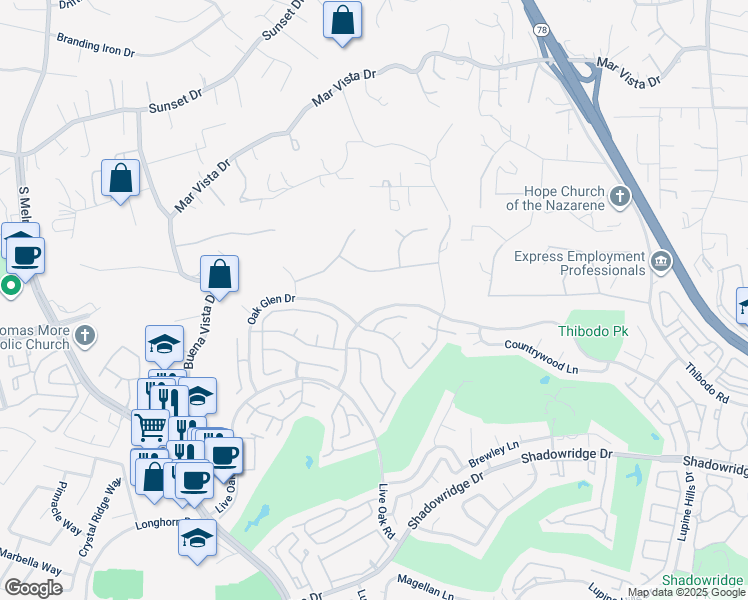 map of restaurants, bars, coffee shops, grocery stores, and more near 1350 Lupine Hills Drive in Vista