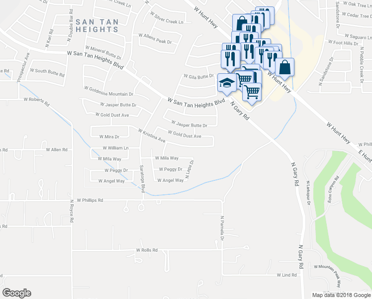 map of restaurants, bars, coffee shops, grocery stores, and more near 2211 West Kristina Avenue in Queen Creek