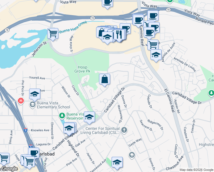 map of restaurants, bars, coffee shops, grocery stores, and more near 2830 Forest View Way in Carlsbad