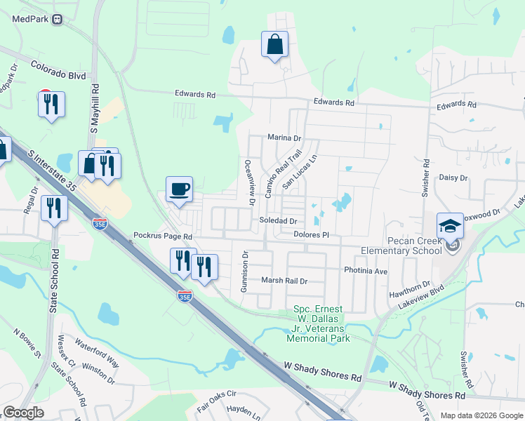 map of restaurants, bars, coffee shops, grocery stores, and more near 3805 Oceanview Drive in Denton