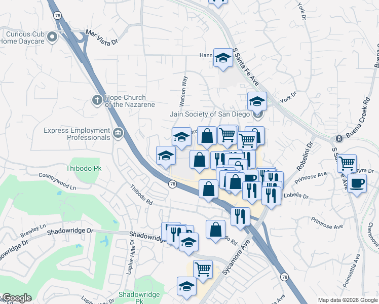 map of restaurants, bars, coffee shops, grocery stores, and more near 2022 University Drive in Vista