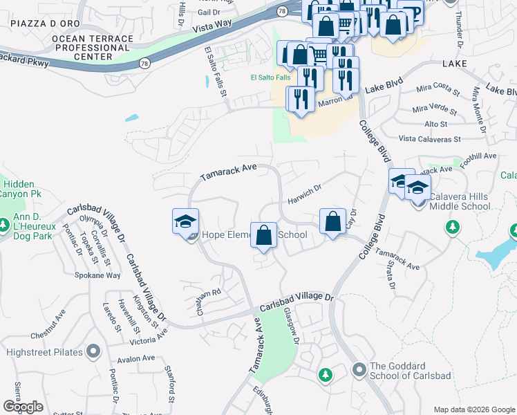 map of restaurants, bars, coffee shops, grocery stores, and more near 3625 Harwich Drive in Carlsbad