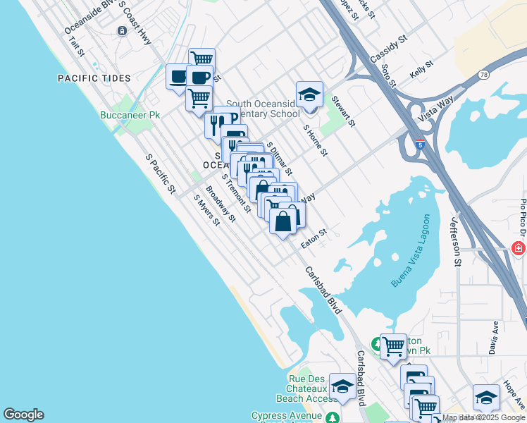 map of restaurants, bars, coffee shops, grocery stores, and more near 1933 South Coast Highway in Oceanside