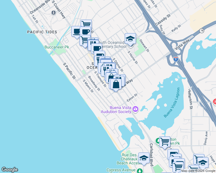 map of restaurants, bars, coffee shops, grocery stores, and more near 1913 South Tremont Street in Oceanside
