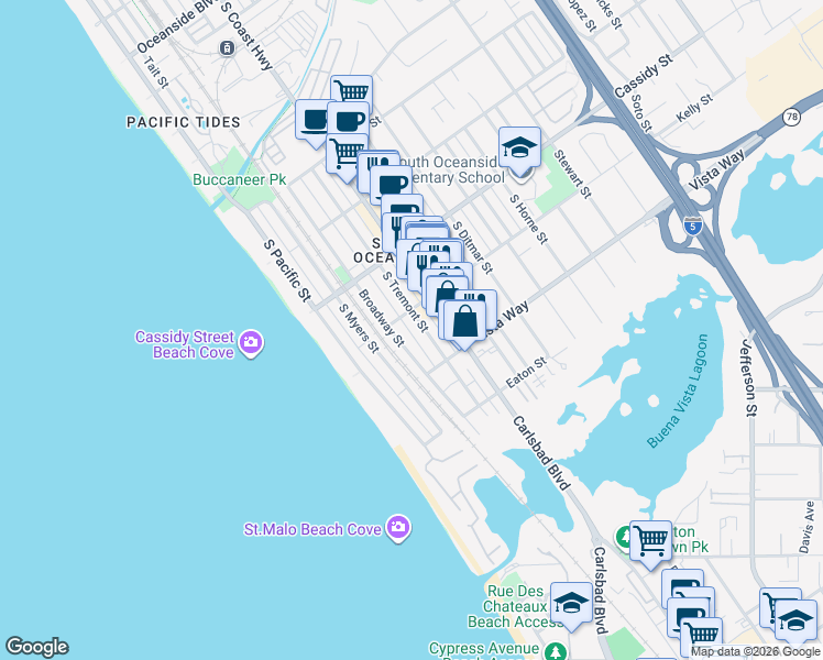 map of restaurants, bars, coffee shops, grocery stores, and more near 1913 South Tremont Street in Oceanside