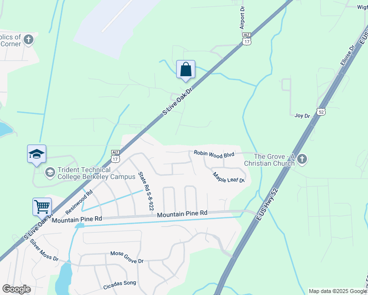 map of restaurants, bars, coffee shops, grocery stores, and more near 2042 Robin Wood Boulevard in Moncks Corner