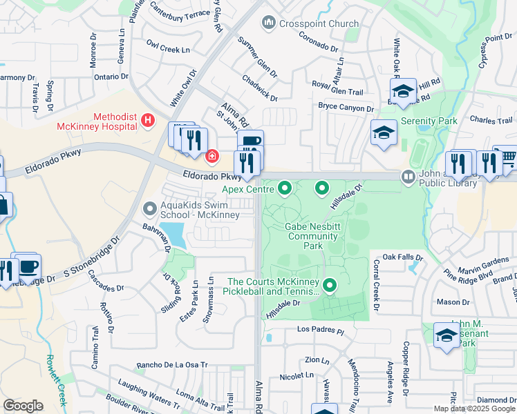 map of restaurants, bars, coffee shops, grocery stores, and more near 3181 Alma Road in McKinney
