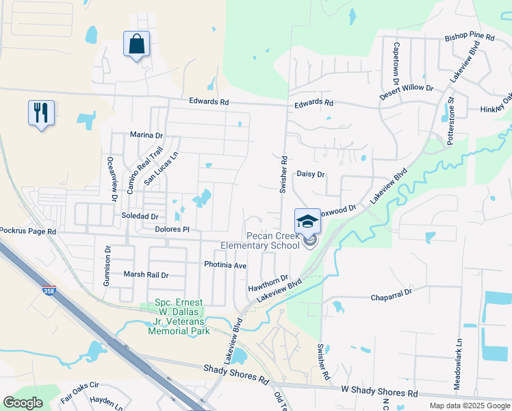 map of restaurants, bars, coffee shops, grocery stores, and more near 6287 Pockrus Page Road in Denton