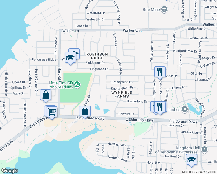 map of restaurants, bars, coffee shops, grocery stores, and more near 1405 Knottingham Drive in Little Elm