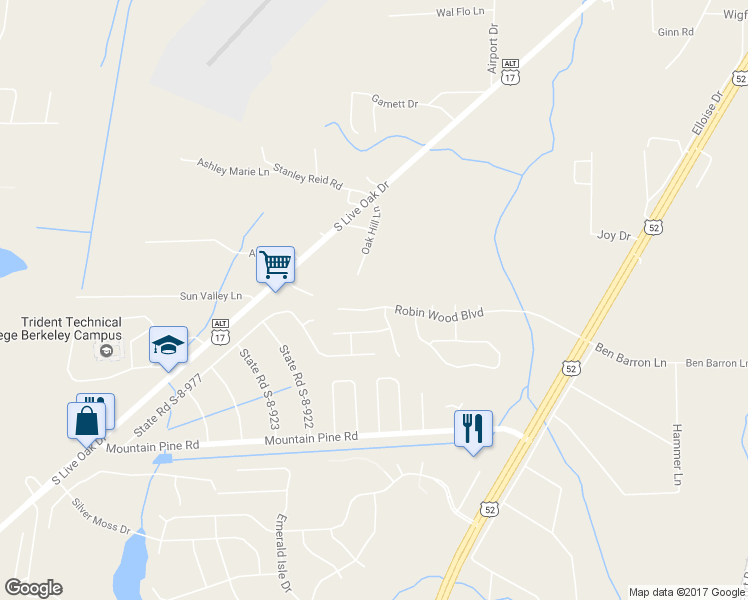 map of restaurants, bars, coffee shops, grocery stores, and more near 2042 Robin Wood Boulevard in Moncks Corner
