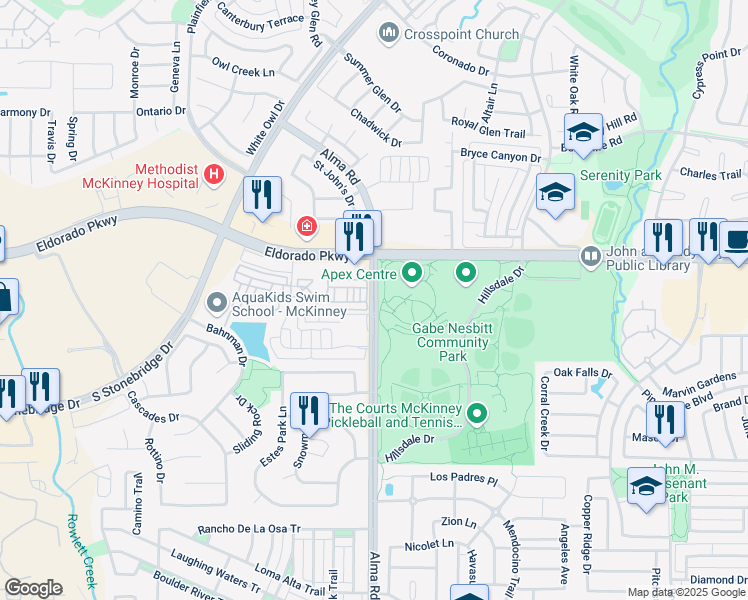 map of restaurants, bars, coffee shops, grocery stores, and more near 3181 Alma Road in McKinney