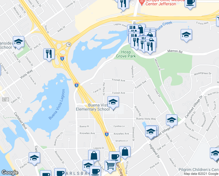 map of restaurants, bars, coffee shops, grocery stores, and more near 2381 Cipriano Lane in Carlsbad