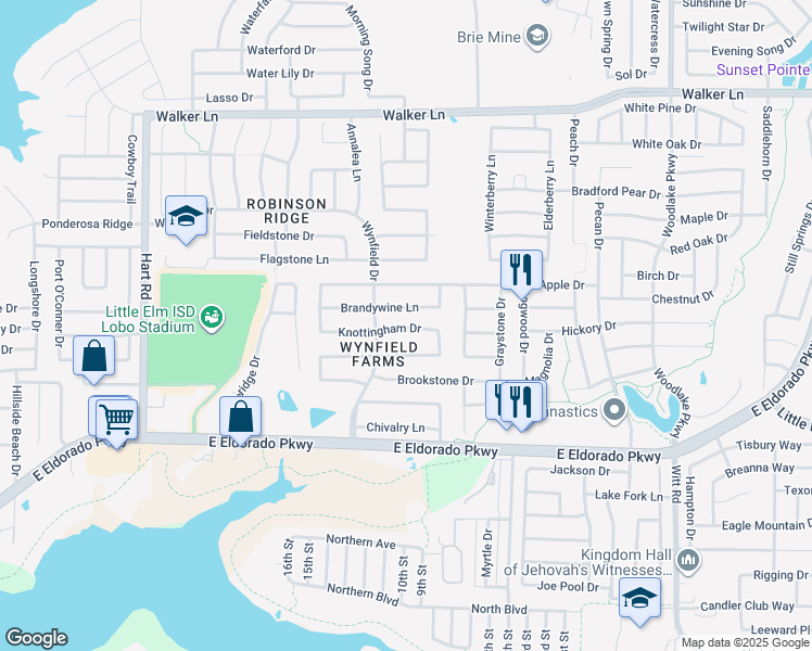 map of restaurants, bars, coffee shops, grocery stores, and more near 1550 Knottingham Drive in Little Elm