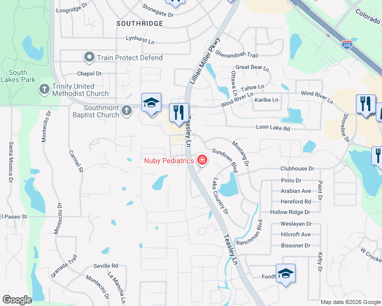 map of restaurants, bars, coffee shops, grocery stores, and more near 1173 Bent Oaks Court in Denton
