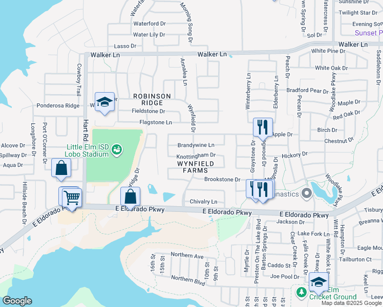 map of restaurants, bars, coffee shops, grocery stores, and more near 1445 Knottingham Dr in Little Elm
