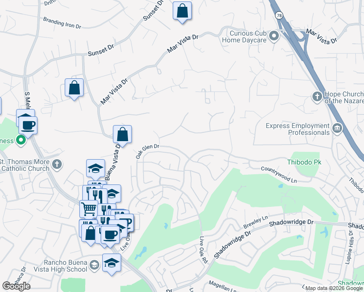 map of restaurants, bars, coffee shops, grocery stores, and more near 2021 Oak Glen Drive in Vista
