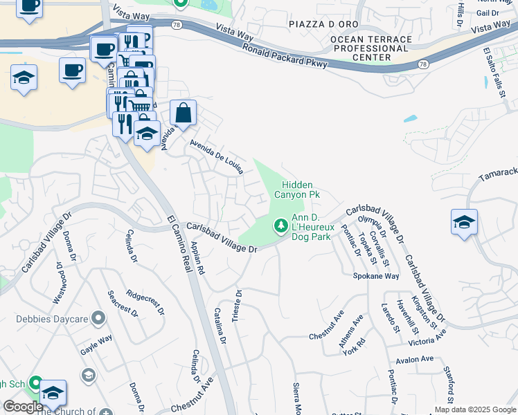 map of restaurants, bars, coffee shops, grocery stores, and more near 2801 Via Topacio in Carlsbad