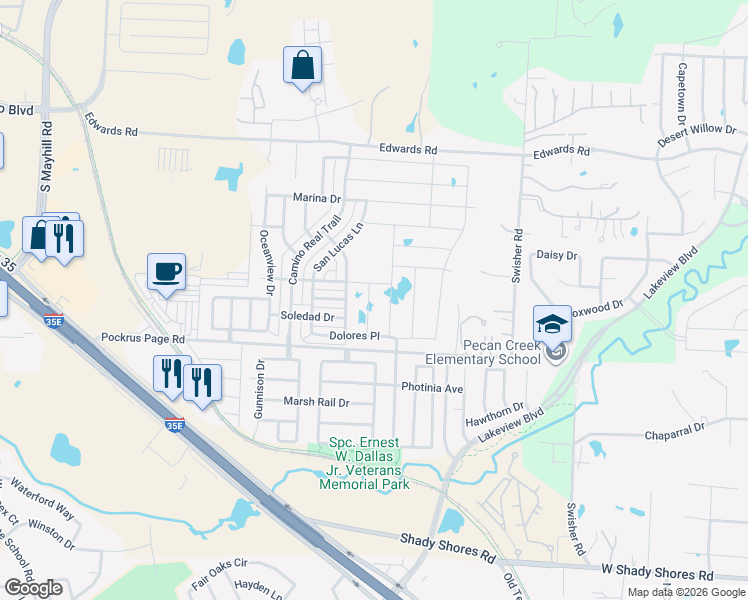 map of restaurants, bars, coffee shops, grocery stores, and more near 3713 Juniperio Street in Denton